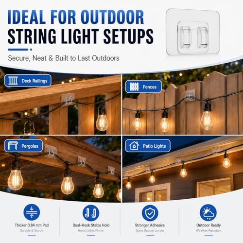 50 Pack Outdoor Light Hooks with Adhesive – Weatherproof & UV-Resistant, No Damage, No Tools Needed, Easy Hanging Clips for Garden, Patio, Balcony, Fairy Lights, Christmas Decorations