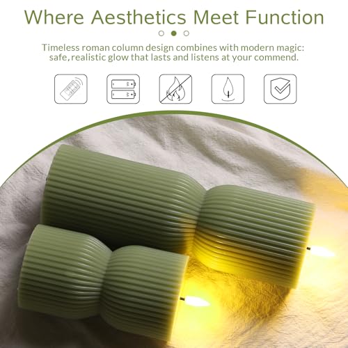 Olive Green Ribbed Flameless Pillar Candles with Remote Set of 2