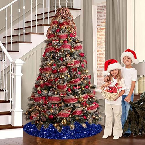 46 Inch Sequin Tree Skirt Christmas Royal Blue Velvet Tree Mat Xmas Tree Cover for Christmas Tree Decorations Rustic Fall Tree Dress Skirt Halloween Thanksgiving Ornaments