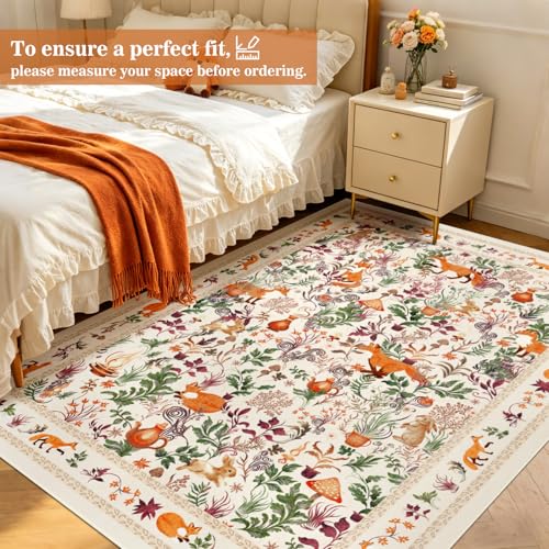 nesrt Fantasy Fox Area Rugs for Living Room 5x7ft Non Slip, Botanical Animal Print Bedroom Rugs, Washable Forest Jungle Floor Carpet for Dining Room Nursery Playroom (Beige)