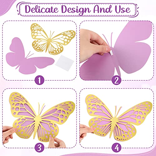 Geosar 20 Pcs 3D Large Butterfly Decoration 3 Size 12" 10" 5" 2 Layer Giant Paper Butterfly Stickers for Wedding Birthday Party Baby Shower Home Wall Decor (Gold,Purple)