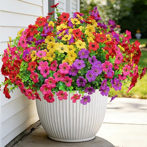 Artificial Flowers for Outdoors, Fake Faux Plants Outside Realistic Spring Summer Decor, UV Resistant Silk Flowers for Home Porch Garden (12, Purple Red Yellow Hot Pink)