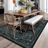 Vintage Dark Area Rugs 5x8, Non Slip Washable Rug for Living Room Bedroom, Medallion Distressed Printed Low Pile Thin Carpet Rugs for Dining Room/Kitchen/Home Office, Black and White