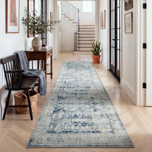 Vintage Rug Runners for Hallways Non Slip,Washable Runner Rug 2x10, Soft Long Distressed Non-Shedding Throw Carpet Runner Rug for Entryway Kitchen Laundry Living Room, Blue