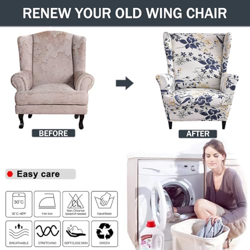 NILUOH Wingback Chair Slipcover, 2-Piece Stretch Wing Chair Cover, Washable Soft Fit Slipcover for Wingback Armchairs, Non-Slip Furniture Protector for Living Room, Flower Field