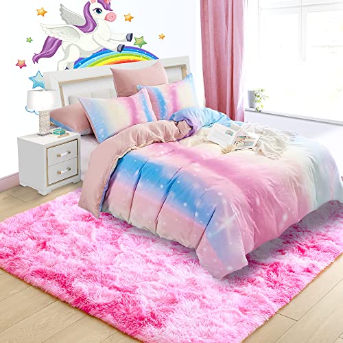 4x6 Tie-Dyed Pink Area Rug for Kids Bedroom Living Room, Fluffy Shag Soft Plush Furry Carpet, Non-Slip Indoor Floor Mat for Dining Room Home Decor