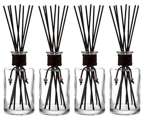 WHOLE HOUSEWARES Set of 4 Diffuser Bottles with Sticks - 7.5oz Empty Glass Diffuser Bottle for Essential Oils - Oil Diffusers Container with 32pcs Reed Sticks for Aromatherapy and Home Fragrance