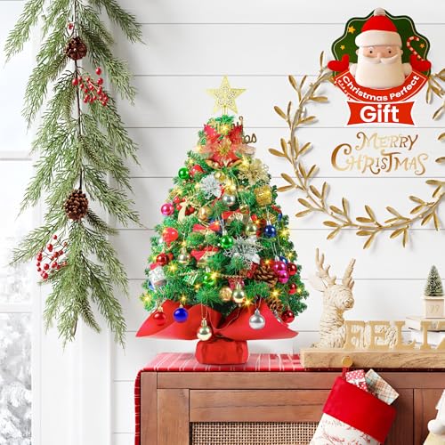 2FT Mini Christmas Tree, Artificial Tabletop Christmas Trees with 60 LED Lights, Prelit Small Christmas Tree, 100 Branch Tips, 80 Ornaments, Indoor Christmas Table Decor for Home Party