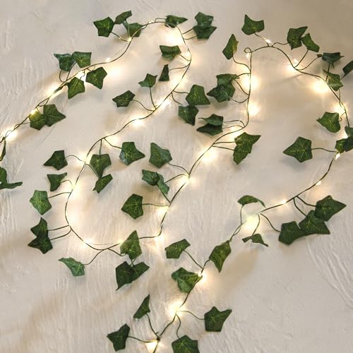 2 Pack 6.56 Ft Green Ivy Leaves Fairy String Lights Battery Operated, 40 LEDs Battery Powered Artificial Garland Plant Vine Fairy Light for Bedroom Wedding Party Holiday Patio Decor（Warm White）