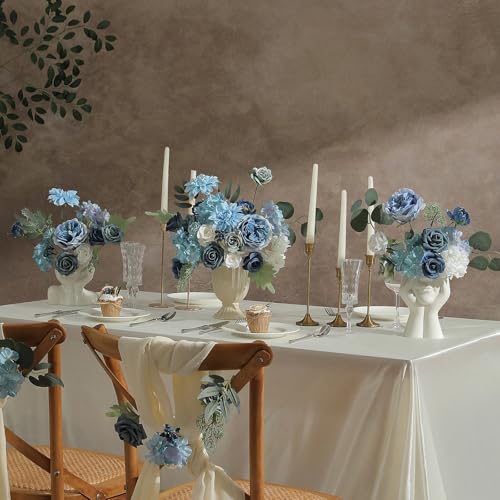 Garisey Artificial Flowers Combo Box Set Dusty Blue Flowers for DIY Wedding Bouquet Arrangements Bridal Shower Party Home Decorations(White Blue Rose)