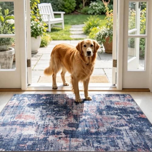 Sasttie 3x5 Entryway Area Rug, Modern Abstract Small Carpet, Pink & Blue