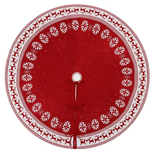 Dremisland Christmas Tree Skirt Rustic Christmas Tree Mat with Snowflake Reindeer Red Knitted Xmas Tree Skirts Thick Knitted Xmas Holiday Decoration New Year Home Party Decorations (Red, 36inch/90cm)