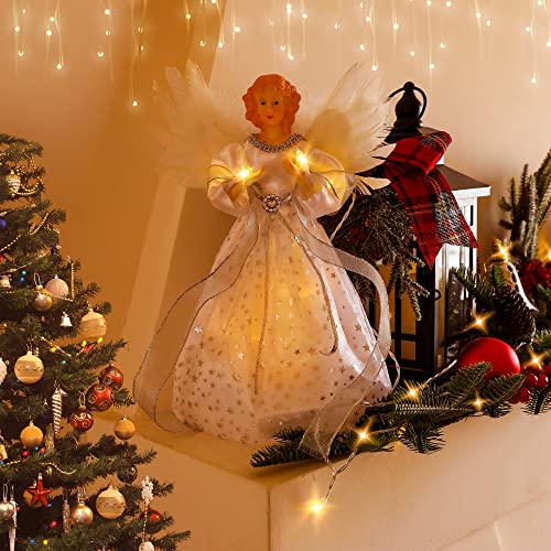 PEEKI Christmas Tree Topper, 12" Angel Treetop with Lights and Remote Control Timer, Christmas Tree Decoration for Holiday Ornament and Home Decor, Ivory and Sliver