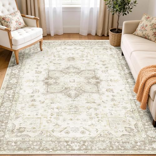 LIVELYGLOW 5x7 Retro Vintage Area Rug, Non-Slip Carpet, Beige Vintage