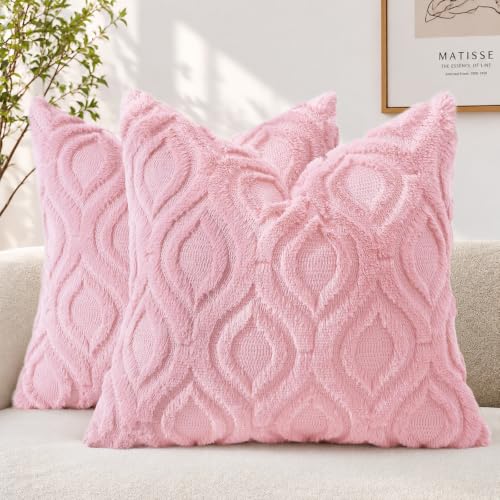 decorUhome Faux Fur Plush Light Pink Throw Pillow Covers 20x20 Set of 2