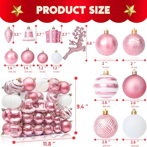 Joiedomi 66 Pcs Pink Christmas Balls Ornaments Set, Christmas Tree Ornaments Shatterproof Plastic for Xmas Hanging Decoration, Holiday Party Decoration