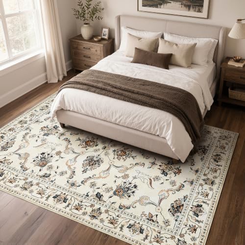 JINCHAN 8x10 Traditional Floral Area Rug, Large Washable Rug, Beige Slate