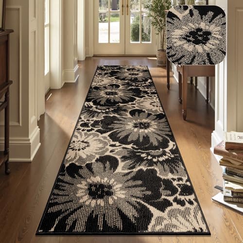 Findosom Hallway Runner Rug 2x8, Non Slip High-Low Textured Floral Washable Runner Rug with Rubber Backing, Boho Carpet Runner for Kitchen, Entryway, Bedroom, Laundry, Black & Beige