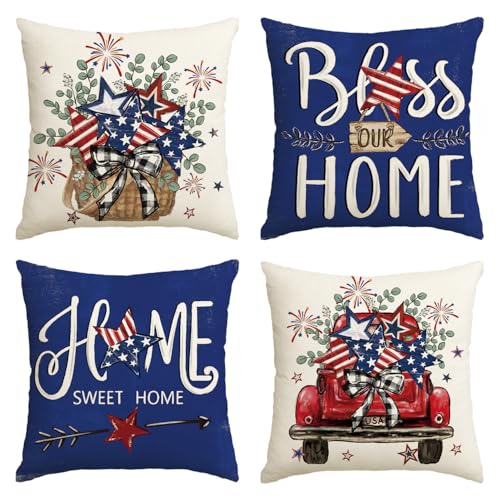 AVOIN colorlife Bless Our Home Eucalyptus Stars Fireworks Car Blue Throw Pillow Covers, 18 x 18 Inch 4th of July Patriotic Independence Memorial Day USA Flag Cushion Case for Sofa Couch Set of 4