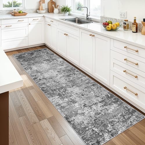 Washable Runner Rug 2x7: Non-Slip Low Pile Hallway Runners Modern Abstract Kitchen Rugs Soft Thin Entryway Carpet Stain Resistant Floor Decor Mat for Bedside Bathroom(Black/Grey/White, 2X7)