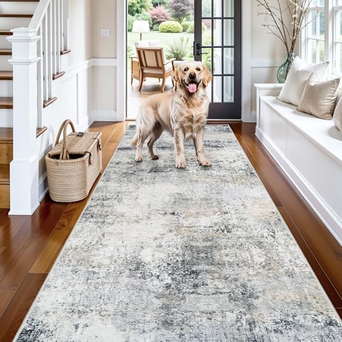 Non Slip 3x7 Rug Runner: Washable Abstract Rugs for Hallway Blue Grey
