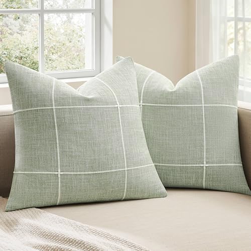 2 Packs Grid Embroidery Throw Pillow Covers, 18x18 Inch Light Sage Green, Farmhouse Linen Decorative Light Green Cushion Covers for Sofa Bed Living Room Home Decor