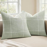 2 Packs Grid Embroidery Throw Pillow Covers, 18x18 Inch Light Sage Green, Farmhouse Linen Decorative Light Green Cushion Covers for Sofa Bed Living Room Home Decor
