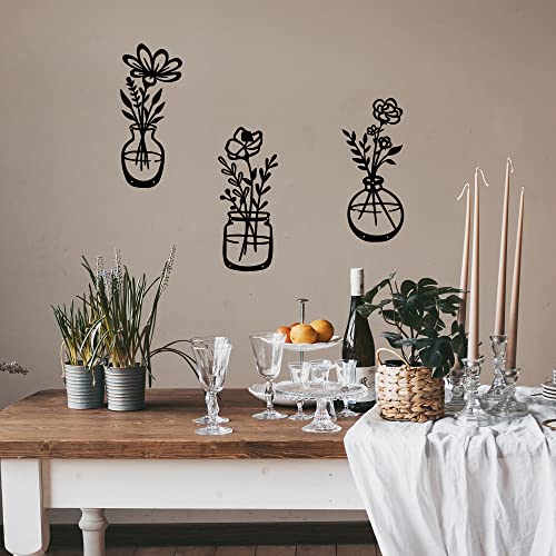 qzmaikoo 3 Pieces Black Metal Flower Wall Decor, Floral Vase Wall Art, Farmhouse Metal Wall Hanging for Bathroom Kitchen Bedroom Hallway