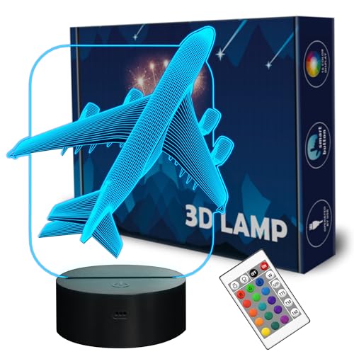 FULLOSUN Aircraft Airplane 3D Night Light Bedside Lamp 16 Colors Changing with Remote Control Xmas Halloween Birthday Gift for Boy