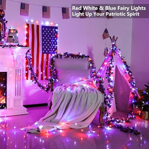 BrizLabs July 4th Fairy Lights, 66ft 200 LED Color Changing Fairy Lights with Remote, Plugin Red White Blue Twinkle Light RGB Rainbow Starry Xmas Light Music Sync for Xmas Halloween Home Party Wedding