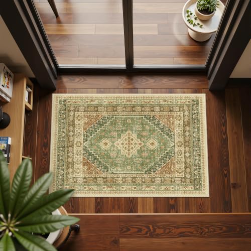 2x3 Entryway Rug Washable Rug Runner for Kitchen,Olive/Brown/Multi