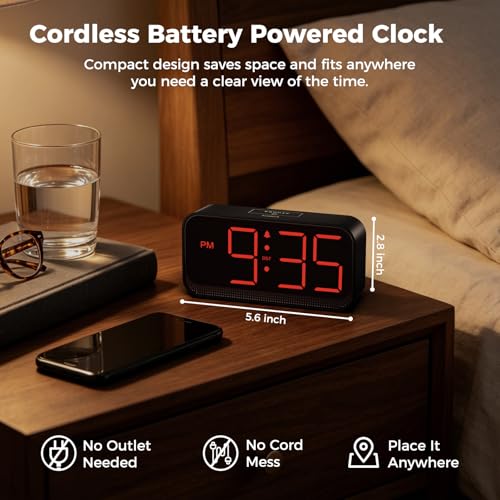 Acedeck Battery Operated Alarm Clock for Bedroom Travel: Cordless Compact Large Display Digital Clock with Auto Dimming - 4 Dimmers Easy to Use for Adults Seniors Red Digits