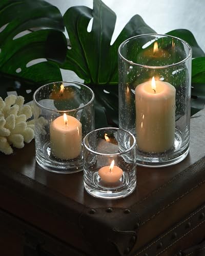 Glass Candle Holders Set, 3 Sizes 8" 5" 3.5" Height | Hurricane Vase Centerpieces, Clear Seeded Bubbles Cylinder, For Pillar Votive Flower, Mother's Day Birthday Gift