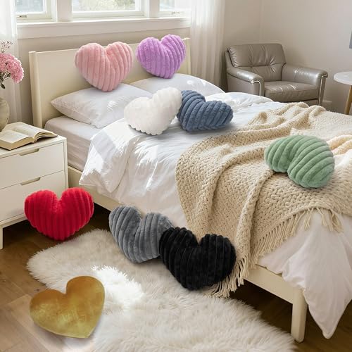 16 Inch Pink Heart Pillow Decorative Throw Pillows, Heart Shaped Soft Fluffy Faux Fur Cute Pillows for Women Valentine Anniversary Couch Bed Bedroom Room Home Decor Aesthetic (1, Pink, Medium-16"x13")