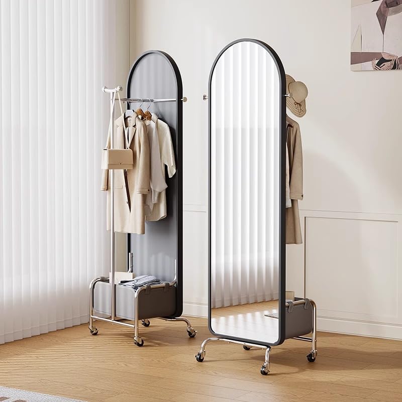 Decorative Full-Length Mirror, Floor-Standing, Household Dressing, Bedroom, Rotatable and Movable Clothes Hanger for Living Room