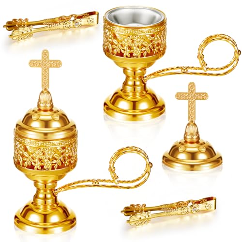 Zonon 2 Sets Incense Burner with Tong, Frankincense Charcoal Incense Stand Holder, Ideal for Yoga, Spa, Aromatherapy, Home and Christian Church Censer (Gold,Classic)