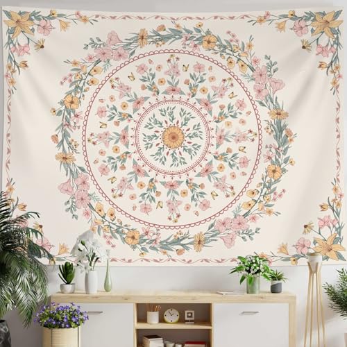 Neasow Bohemian Tapestry Wall Hanging, Beige Pink Floral Tapestry with Wild Flower Medallion Print Bedroom Boho Home Decor, White Wreath 36×48 inch