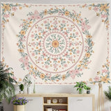 Neasow Bohemian Tapestry Wall Hanging, Beige Pink Floral Tapestry with Wild Flower Medallion Print Bedroom Boho Home Decor, White Wreath 36×48 inch