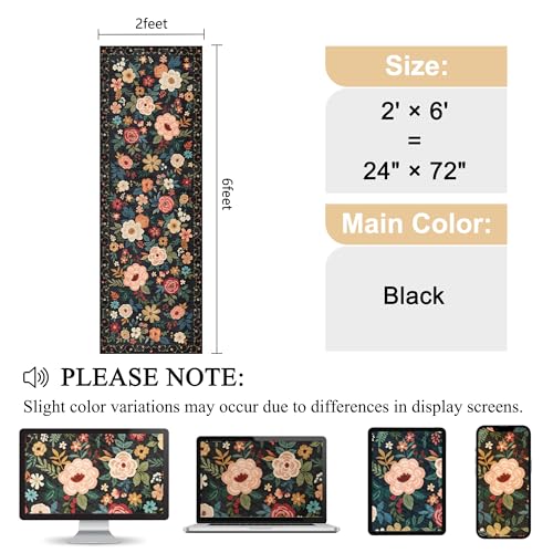DUKINO 2x6 Runner Rug for Hallway, Washable Kitchen Runner Rug with Non Slip Backing, Low Pile Soft Boho Floral Runner for Kitchen, Hallway, Entryway, Laundry, Bedroom, Black