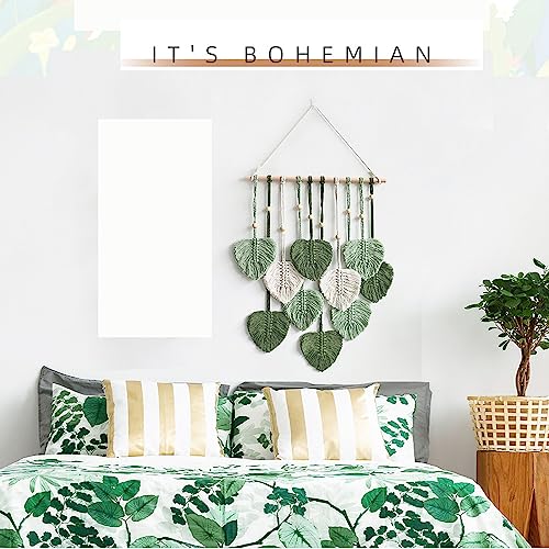 MSFENG Wall Hanging Decor Leaves Tapestry Boho Wall Decor Woven Feather Handmade Yarn Tassels Woven Wall Art Decorations for Nursery, Bedroom, Living Room, Apartment Home Backdrop (LightGreen)
