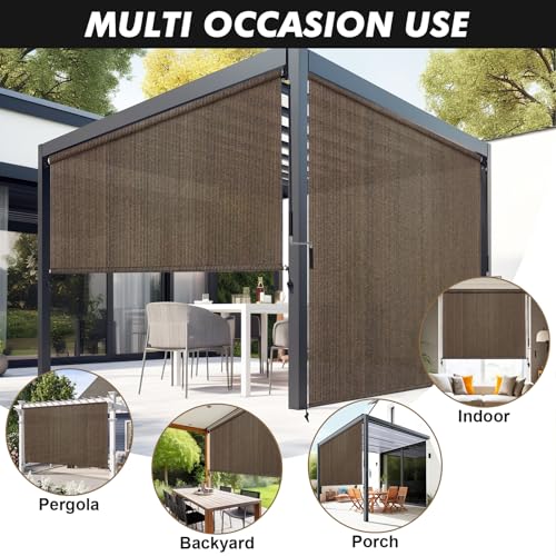 Artpuch Outdoor Roller Shade 8' W x 8' H, Mocha Exterior Cordless Patio Shades Roll Up Blinds with Spliced Pole Design, (2 Poles, One-Piece Fabric)
