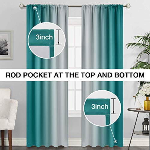 SimpleHome Ombre Room Darkening Curtains for Living Room, Rod Pocket Light Blocking Gradient Teal to Greyish White Thermal Insulated Window Curtains Drapes for Bedroom, 2 Panels, 52x84 inches Length