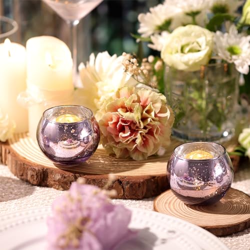 Round Purple Votive Candle Holder Set of 12, Mercury Glass Votives