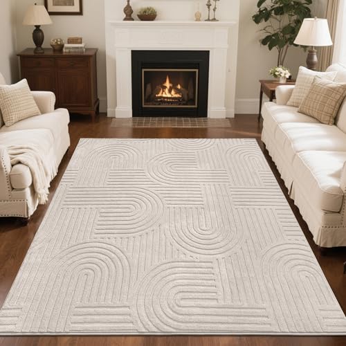 SHACOS Soft Cozy Fluffy Arch Pattern High-Low Pile Textured Area Rug 5'3"x7'3" Non Slip Washable Modern Geometric Rug Stain Resistant Contemporary Carpet for Living Room Bedroom Dining Room, Beige
