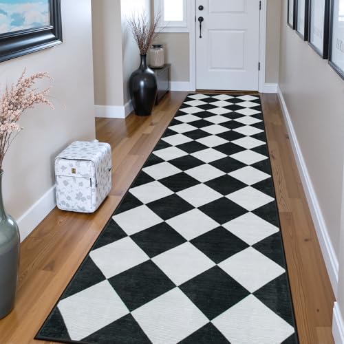 Checkered Print Washable Rug Runners for Hallways Non Slip 2.5x10, Ultra Thin Black Kitchen Runner Stain Resistant Hallway Runner Rug 10 ft, Checkerboard Carpet for Bathroom Entryway Decor