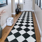 Checkered Print Washable Rug Runners for Hallways Non Slip 2.5x10, Ultra Thin Black Kitchen Runner Stain Resistant Hallway Runner Rug 10 ft, Checkerboard Carpet for Bathroom Entryway Decor