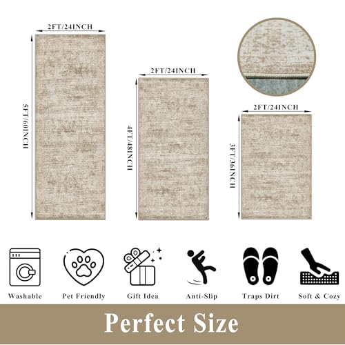 Kitchen Rugs Sets of 3,Washable Non-Slip Kitchen Mats for Hardwood Floor, Boho Farmhouse Kitchen Runner Rug for Sink,Entryway & Hallway & Bathroom (Beige Brown, 2x3+2x4+2x5)