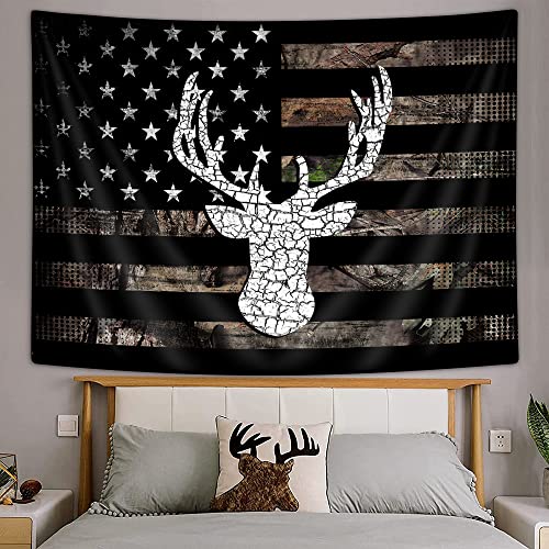 VEIGIKE American Flag Hunting Tapestry, Western Black and White Country Deer Tapestry Wall Hanging for Men Bedroom Room, Rustic Camo Tapestries Poster Blanket College Dorm Home Decor 60X40 Inches