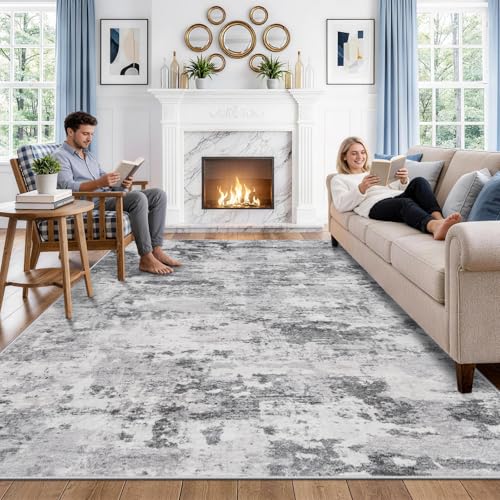 8x10 Washable Abstract Area Rug: Non-Slip Carpet for Living Room Black Grey