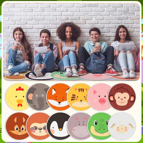 24 Pcs Carpet Circle Seats, 15 Inch Round Classroom Rug, Non Slip Corner Floor Cushion Mat, Circle Rug for Living Room, Learning, Playing Areas, Story Time, Group Activity (Animal)
